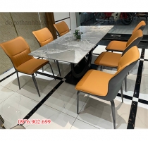 Bộ bàn ăn mặt đá chữ nhật vân xám + 6 ghế màu cam + xám
