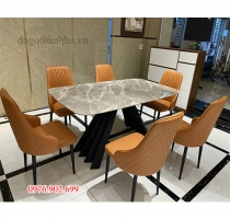 Bộ bàn ăn NK mặt đá xám vân trắng + 6 ghế nệm cam