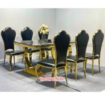 Bộ bàn tân cổ điển chân viền vàng + 6 ghế nệm đen ( 02)