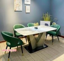 Bộ bàn ăn mặt đá + 4 ghế nệm xanh lá ( 06)