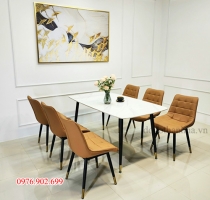 Bộ bàn ăn mặt đá chân gỗ + 6 ghế nệm cam nâu(11)